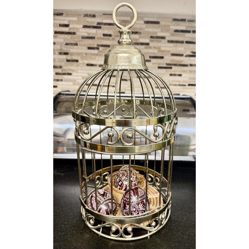 Vintage Home Interiors Bird Cage 3 Ukrainian Pysanky Wood Eggs Folk Art